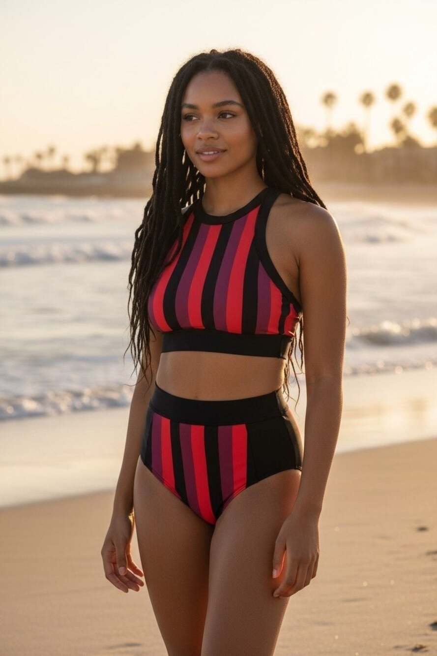 Downeast Cabana High-Neck Cropkini Set in Red and Black Stripe